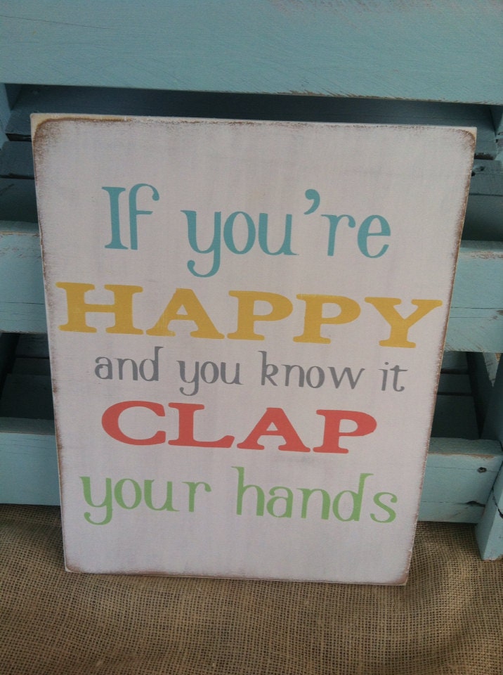 If you're happy and you know it clap your hands preschool song lyrics painted wooden sign pastel colors kids room decor playroom decor