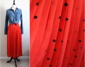 Vintage 80s Chaus Black & Red Polka dots Pleated Maxi Skirt. Size M/L