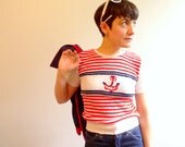 70s white navy red striped short sleeved boucle sailor sweater XS