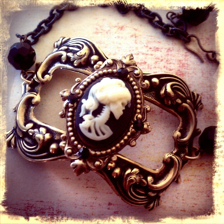 Goth Brass and Black Crystal Skull Cameo Bracelet - Steampunk Victorian Gothic Goth Wedding Halloween Retro Dark Jewelry