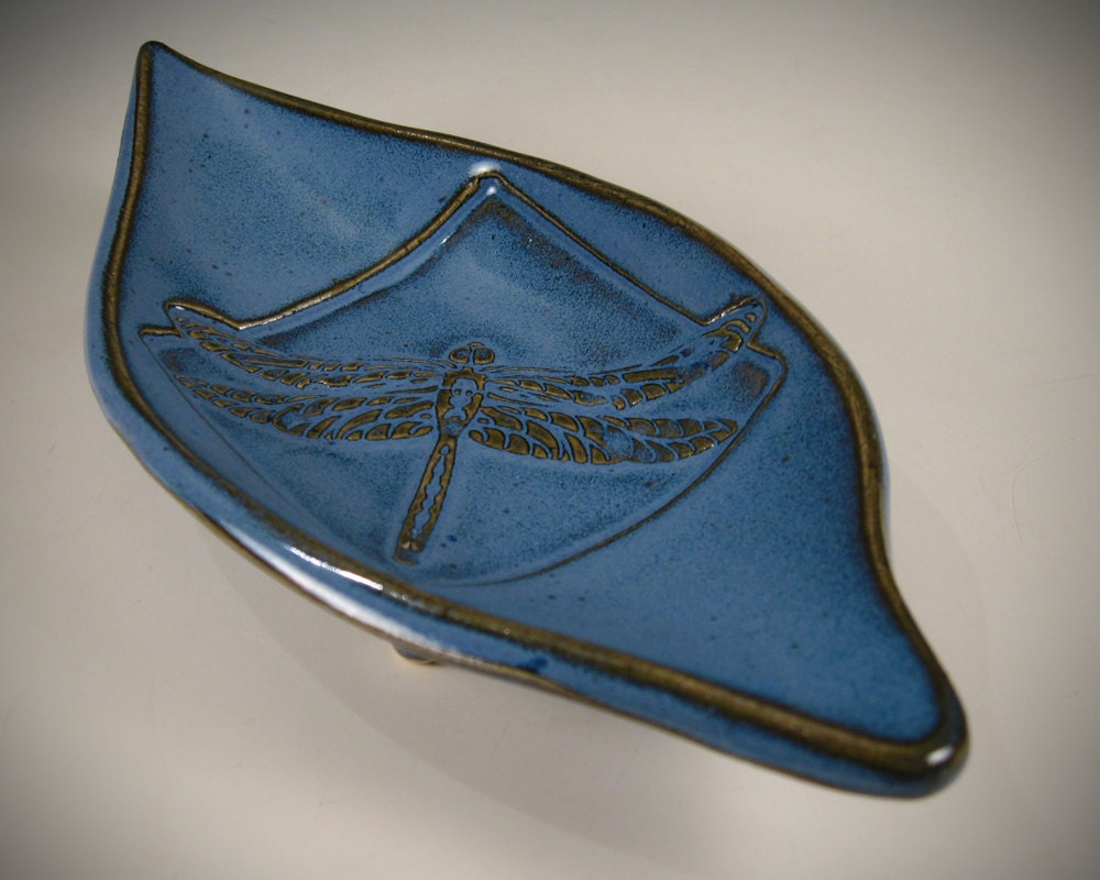Blue Dragonfly design spoon rest - soap dish - jewelry dish - trinket tray
