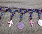 Blue and turquoise beaded bronze plate and copper cross necklace