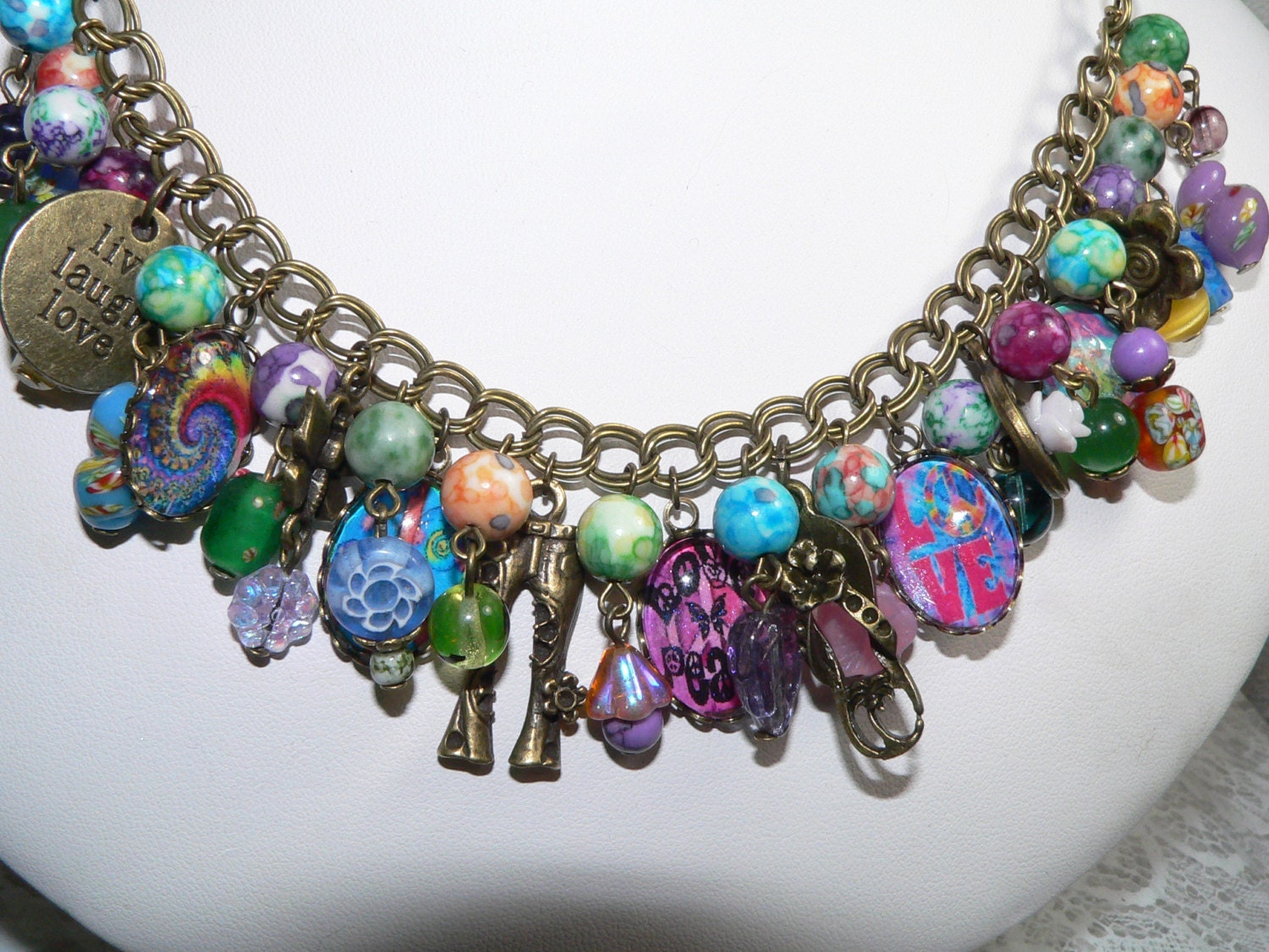 Charm Bracelet - Hippie Chic - "LOVE & PEACE"-  in Antique Brass