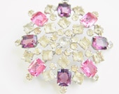 Large Vintage Pink Purple Rhinestone Brooch 40s