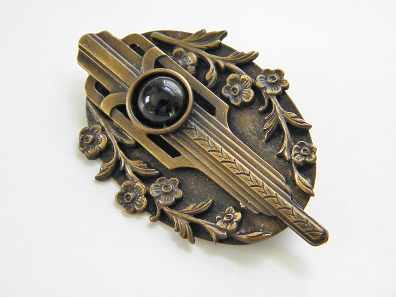 Vintage Brass Art Deco Cabochon Brooch