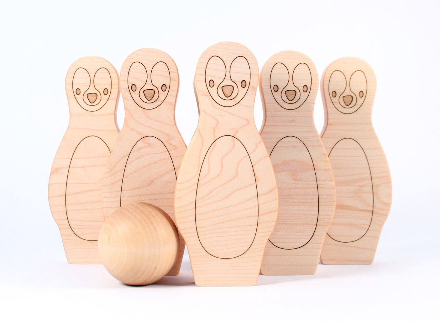 wooden penguin BOWLING SET - 6 pin organic wood skittles, a classic heirloom toy set for toddler and preschooler, homegrown organic finish