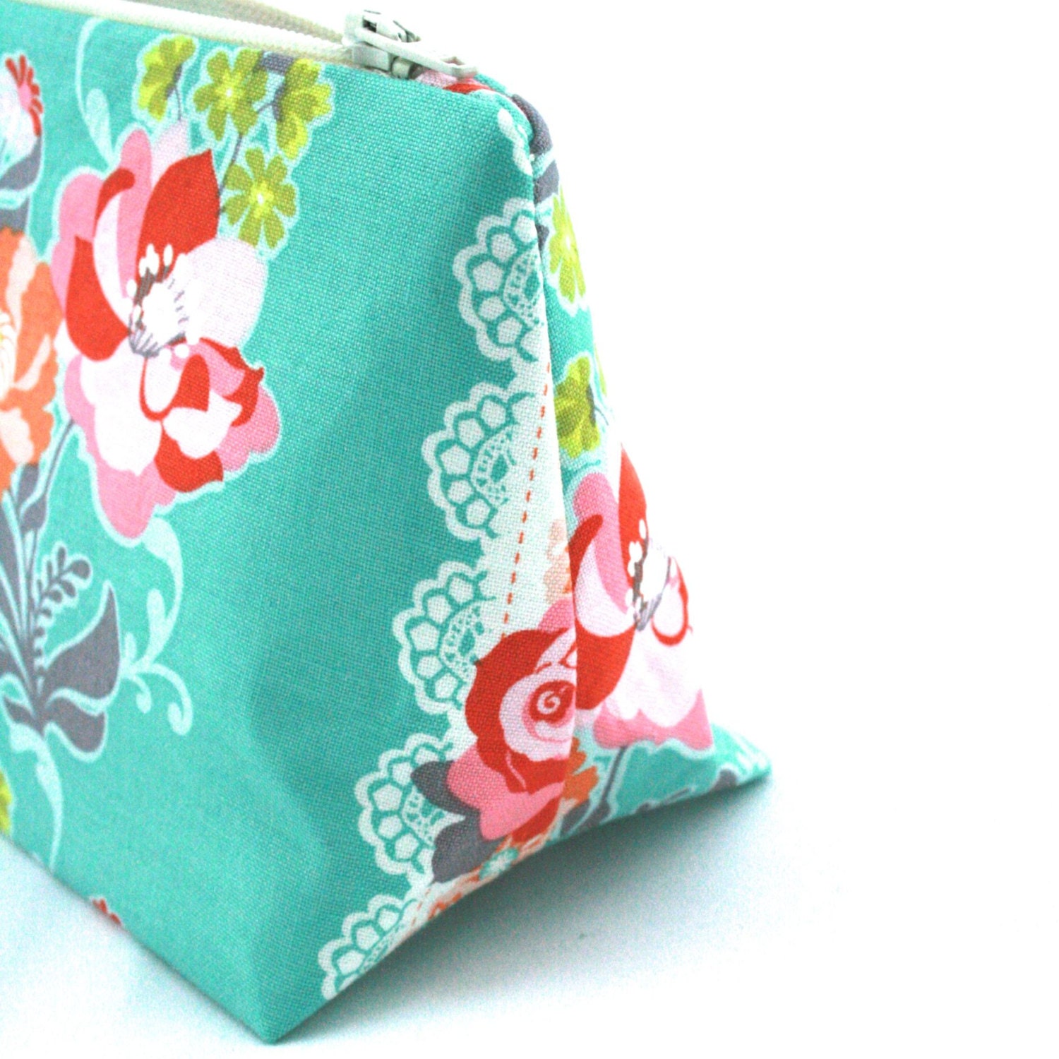 Mother's Day Makeup Bag / Cosmetic Bag in Vintage Jade Green & Pink Floral Print - Gift for Her , Vintage Bridesmaid Gift, Birthday Gift