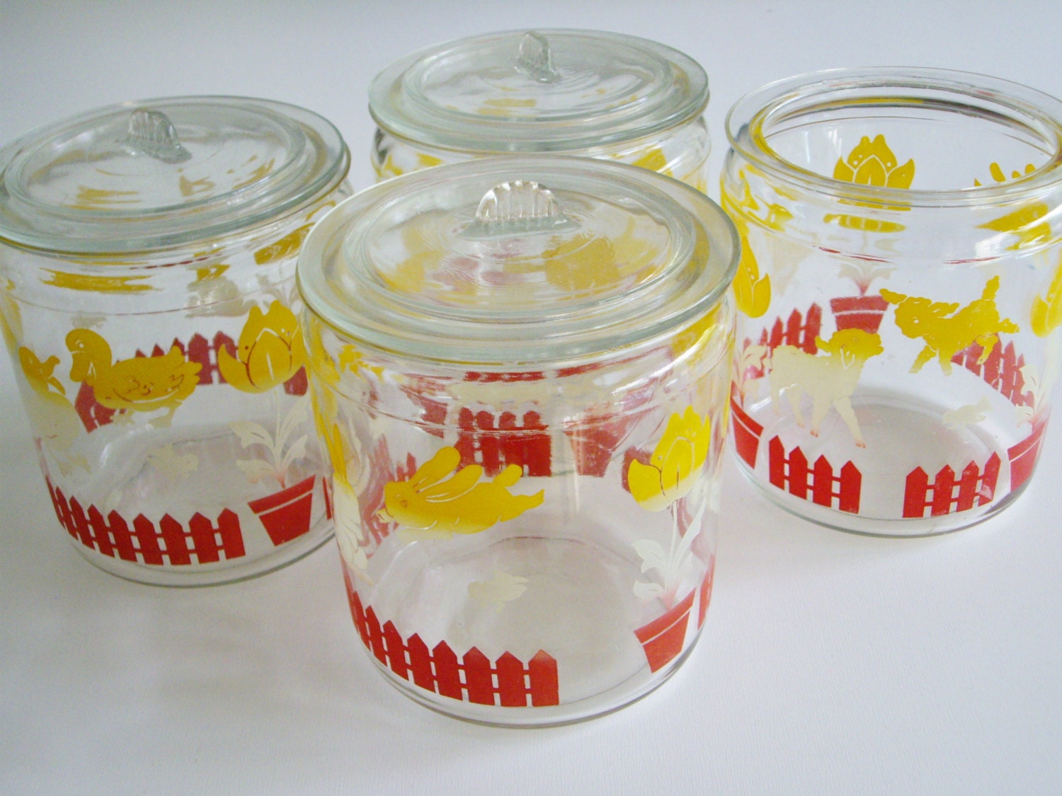 Vintage Canister Set - Set of 3 - Anchor Hocking - Bunnies Ducks and Tulips - Jar with Lid