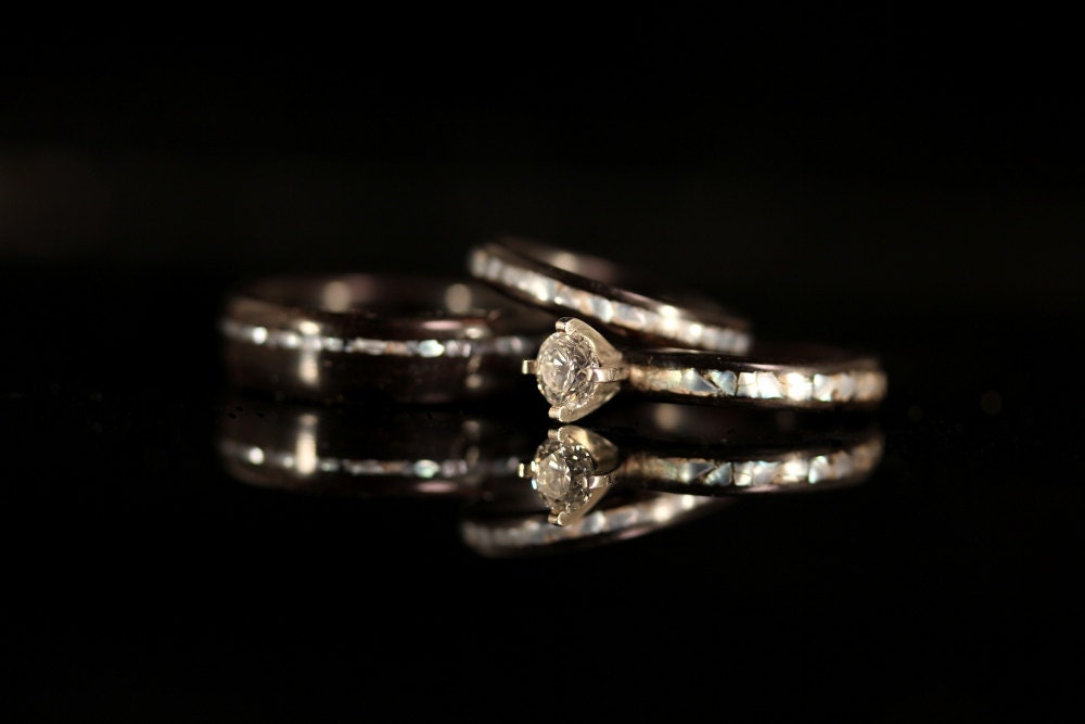 Ebony Wood Pearl inlay Engagement Wedding Ring Set