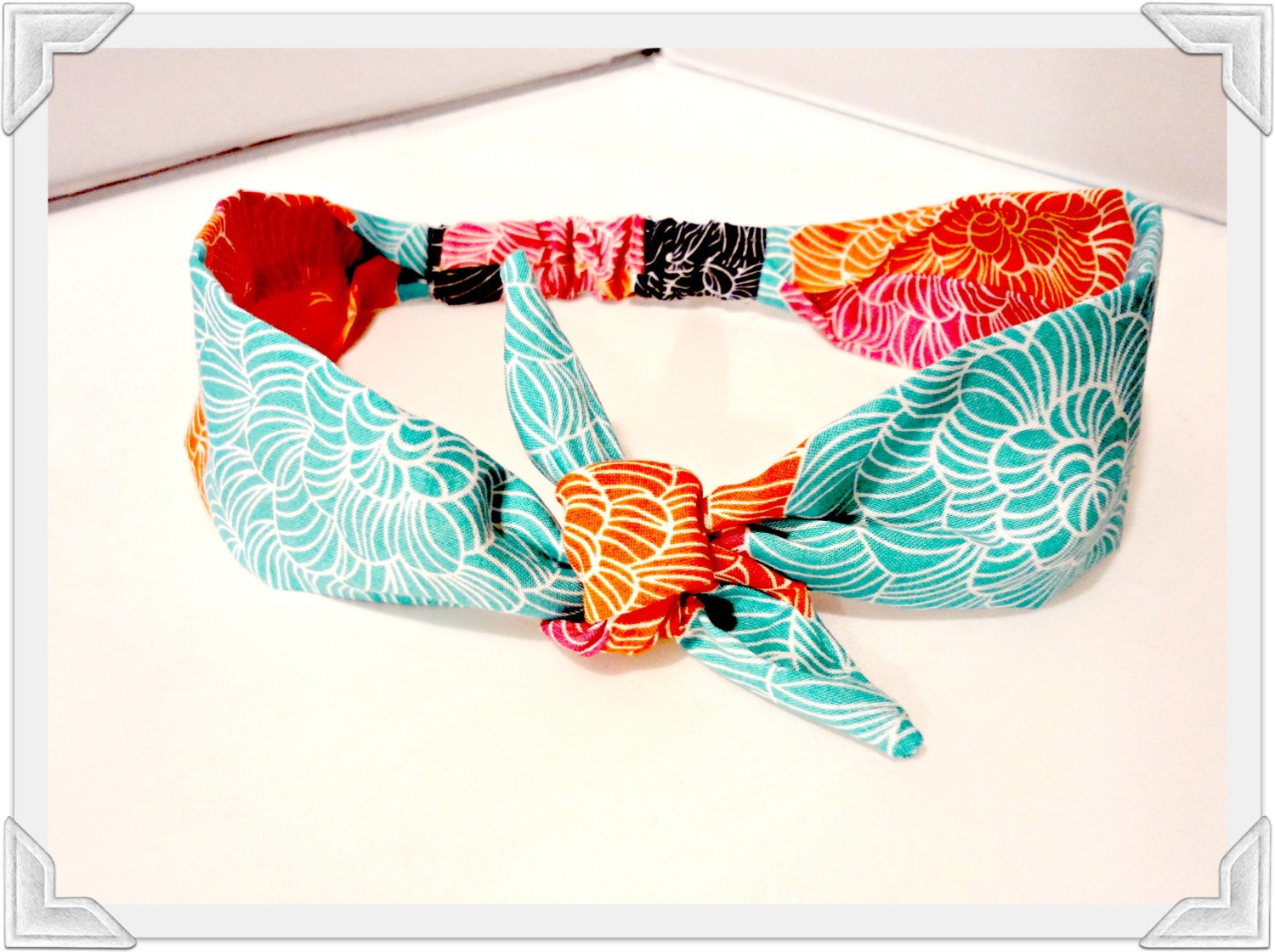 Tie Head Scarf Orange Teal Bow Headband Flower Tie Scarf Wrap Vintage Style