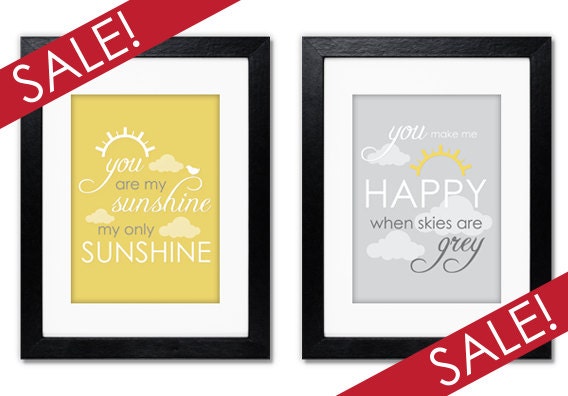 Wall Art Set of 2 8x10 Prints for Nursery or childrens room you make me happy when skies are grey