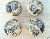Wooden door knobs made with blue roses design -vintage look -set of 4