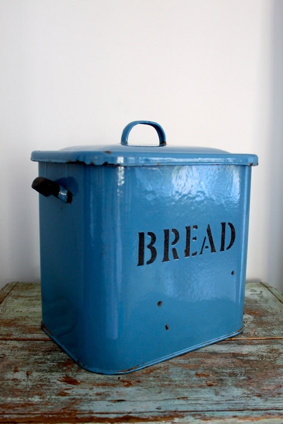 Enamel french blue bread canister/box by Brimfieldfinds on Etsy