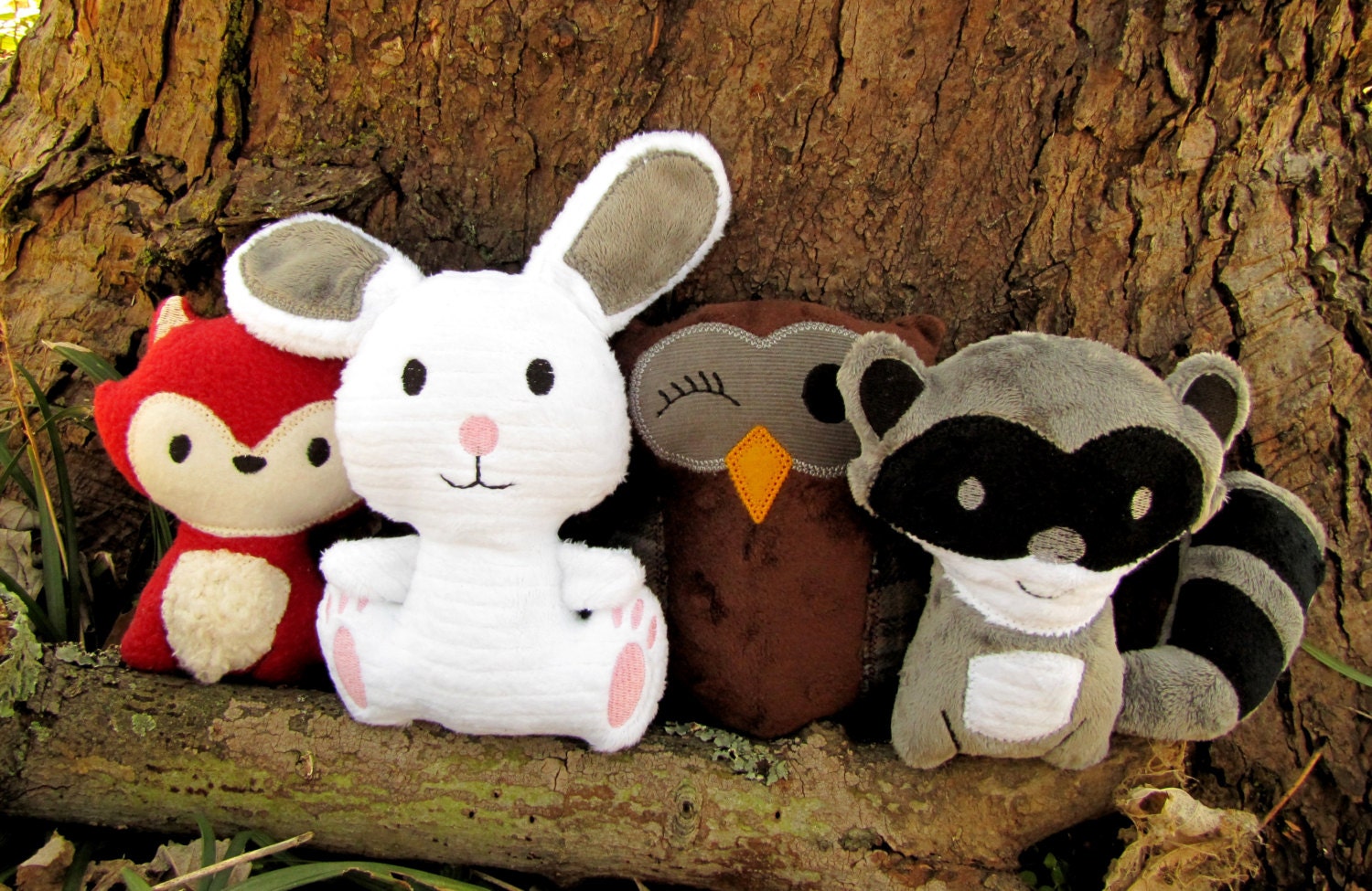 Plush Woodland Animal Set of 3 -- Bird Squirrel Fox Bunny Owl Raccoon -- Gift set -- Baby Toy