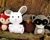 Plush Woodland Animal Set of 5 -- Bird Squirrel Fox Bunny Owl Raccoon -- Gift set -- Baby Toy