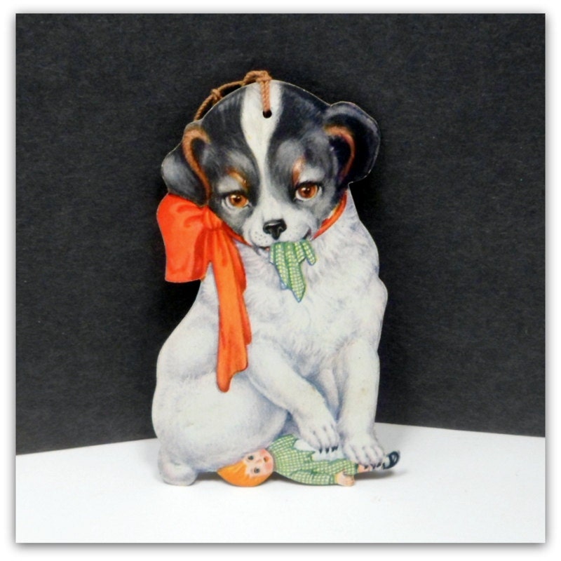 Vintage Christmas Double Sided Cardboard Paper Litho Ornament Puppy Dog USA C 1900s