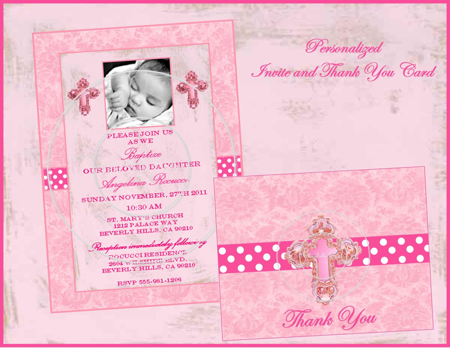 Bella Bambino - PRINTABLE Custom INVITE and THANK You Card - Birth Announcement - Baptism - Christening - Pink Il_170x135