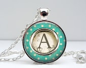 Typewriter Key Necklace - Green Dot - Glass Art Pendant Picture Pendant Photo Pendant Handcrafted Personalized Jewelry by Lizabettas