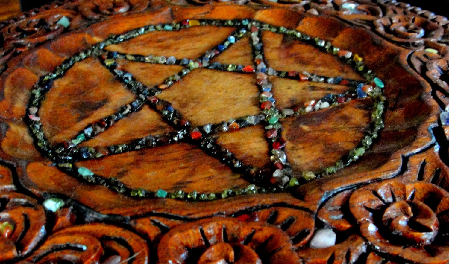 Wiccan Altar Pentacle Chalice Bell Pentagram Gemstones Wood Carved OOAK SET Pyrography Vintage Brass Pagan Witch
