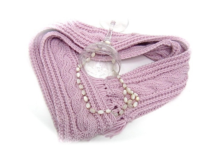 Scarf Hand Knit long scarf Pastel Mauve Pink pastel pink reversible Cable pattern. Premium merino wool.
