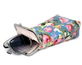 Sunglass Case - Turquoise with pink flowers - 100% cotton - silver frame