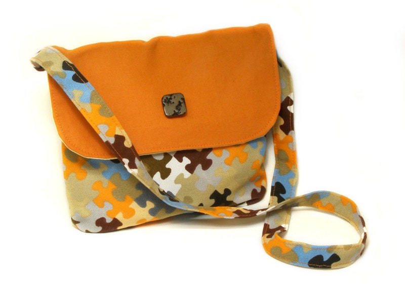 Girls Bag - Orange Canvas with Puzzle print - Shoulder Bag