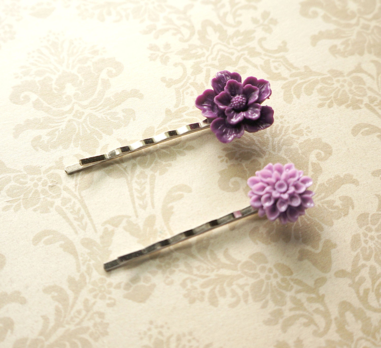 Purple and Lavender Flowers-  2 Romantic Bobby Pins