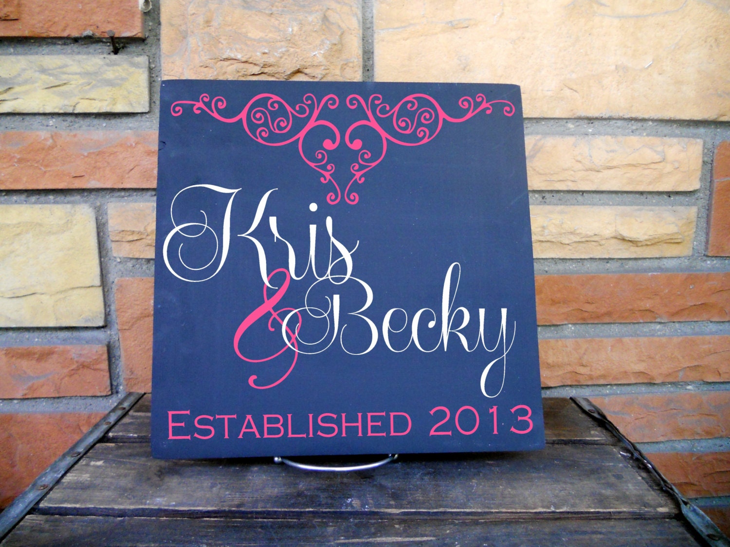 11x11 Wooden "tile" Sign With Crowning Heart Flourish, Couples First Names and Established Year, Makes a Great Gift
