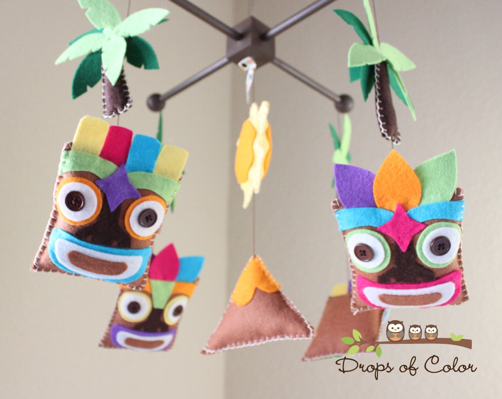 Baby Mobile - Baby Crib Mobile - Tiki Heads Mobile - Tiki Tropical Hawaii (You Can Pick Your Colors)