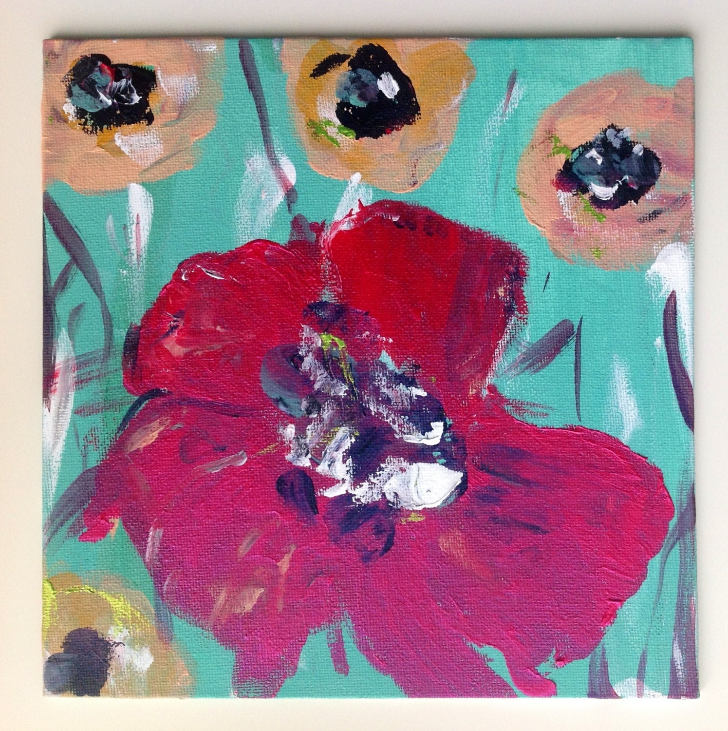Fuchsia poppy original painting, acrylic modern art, abstract contemporary, daisy field still life, blue sky, summer flowers, 10'' x 8"