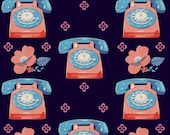 Ruby Star Sparkle Telephones in Navy by Melody Miller for Kokka, Cotton/Linen, 1/2 Yard