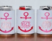 Custom Boutique Anchor Seersucker Personalized Monogrammed Insulated Drink Can Koozie Cozy Coozie Drink Hugger Drink Huggie Coosie Koosie