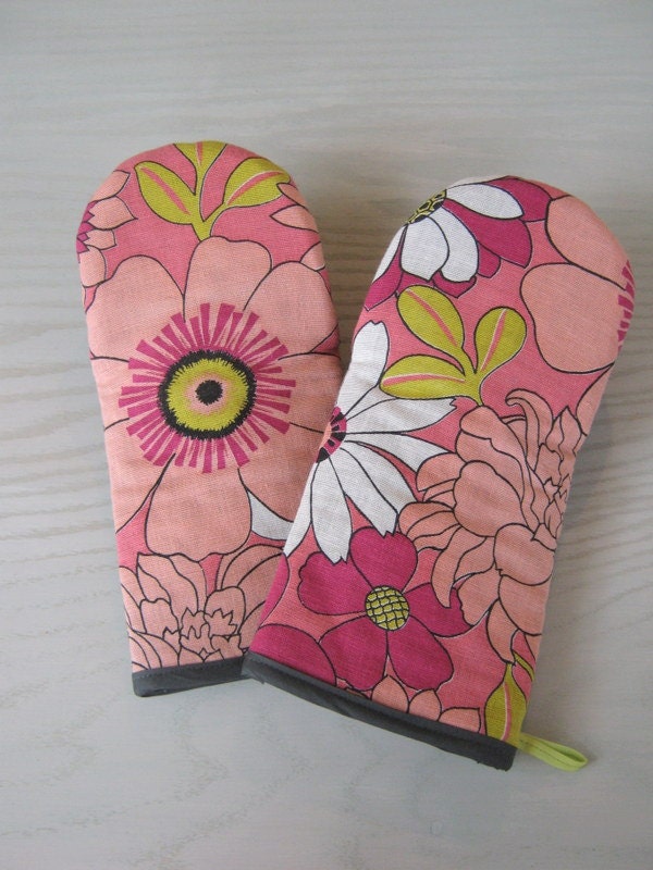 Vintage Pink and Yellow Mod floral  fabric Oven Mitts