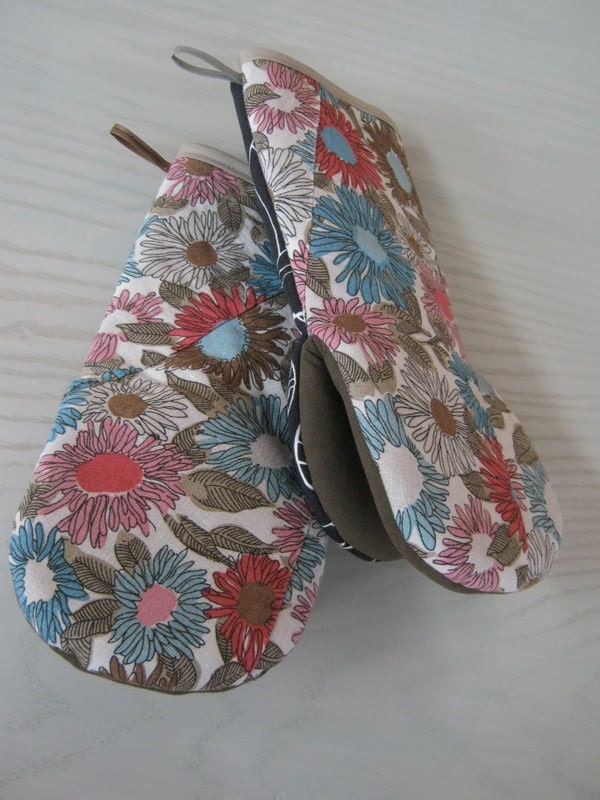 Upcycled Modern Pink and teal Floral fabric Oven Mitts