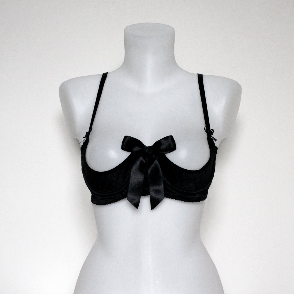 Quarter 1/4 Cup Bra in Quilted Black Satin- Free Shipping