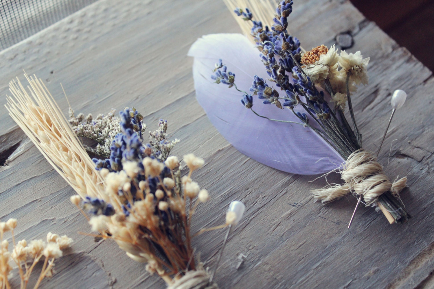 dried wildflowers and feathers boutonnieres - set of 4 - lavender buttonhole, wheat boutonniere - LUKE