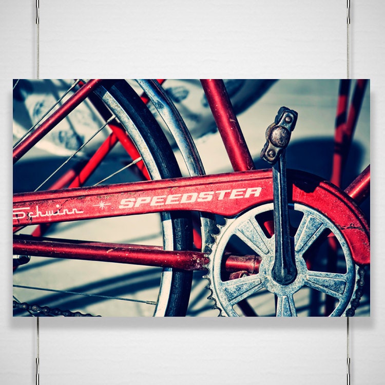 Red Bike Photography - 8x12 Photograph print - red bicycle retro chain pedal kids boys hipster room wall decor 'Speedster'