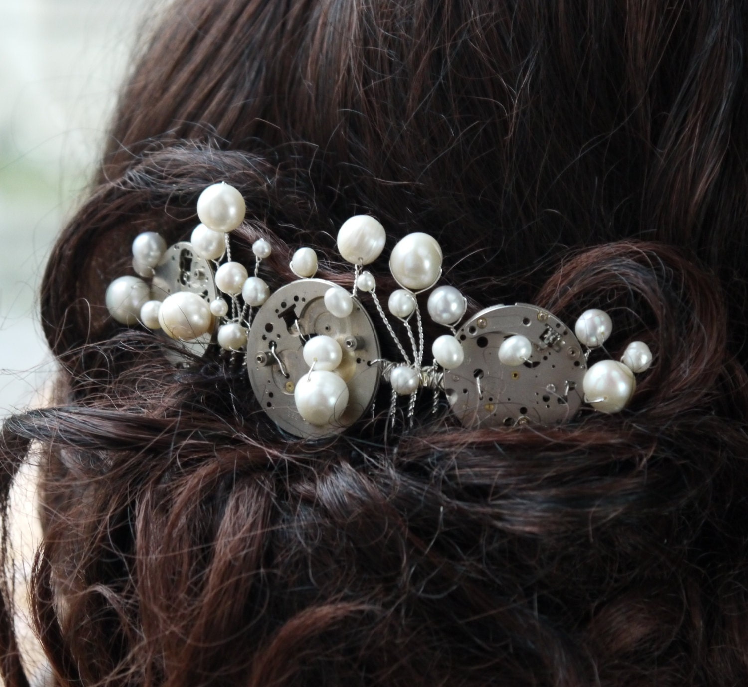 steampunk pearl comb -  vintage watch part & ivory freshwater pearl silver wedding hair comb