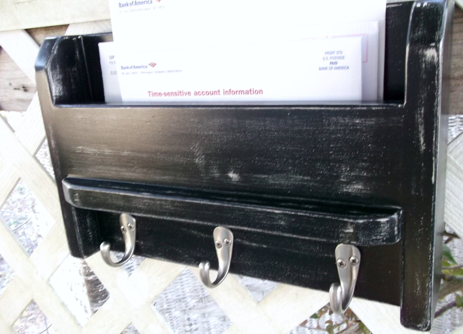 Three Hook Mail and Key Holder.."Black & Ivory"..or You Choose Color..Shabby Chic Cottage