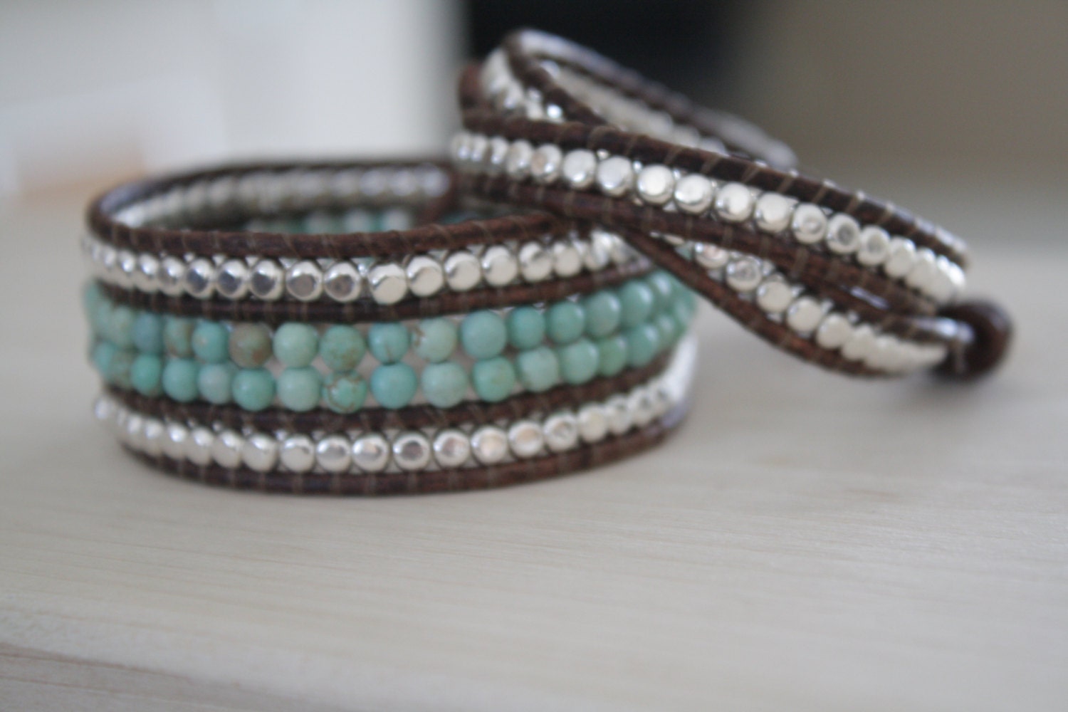 Leather Beaded Cuff Semi-Precious Magnesite & Silver on Distressed Brown Leather - Surfer Chic Boho Style