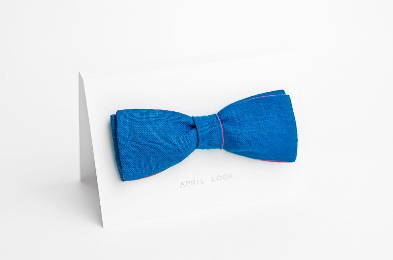 Royal blue bow tie for men, coral pink - double sided