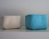 Square Basket in Beige and Turquoise. Set of 2.