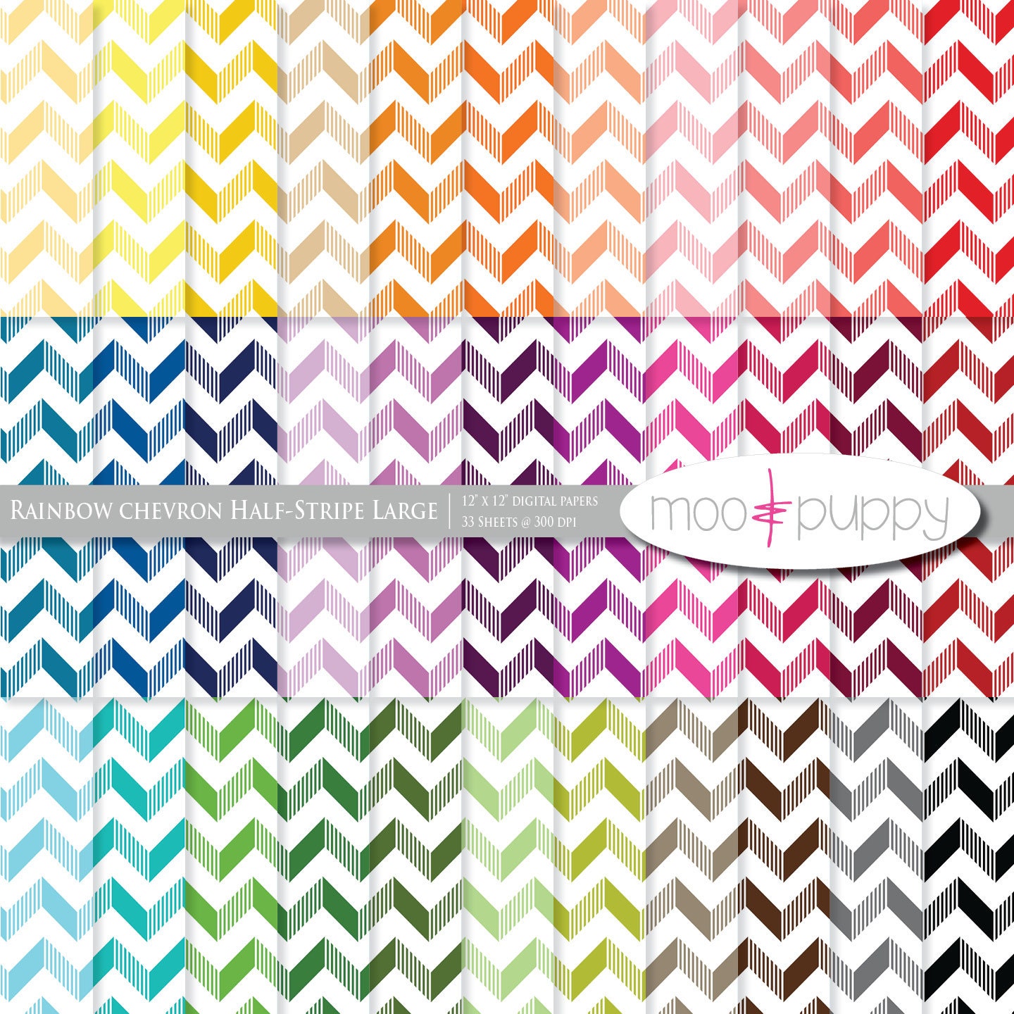 Chevron Digital Scrapbook Paper Pack  --  Rainbow Chevron Half-Stripe Large  -  INSTANT DOWNLOAD
