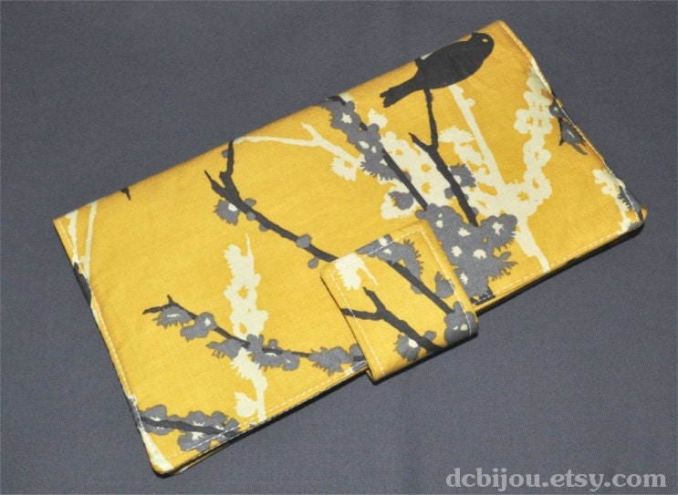 Deluxe Travel Wallet. Sparrows in Yellow. Fabric Pocketbook. Yellow and Grey Prints. Made to Order.