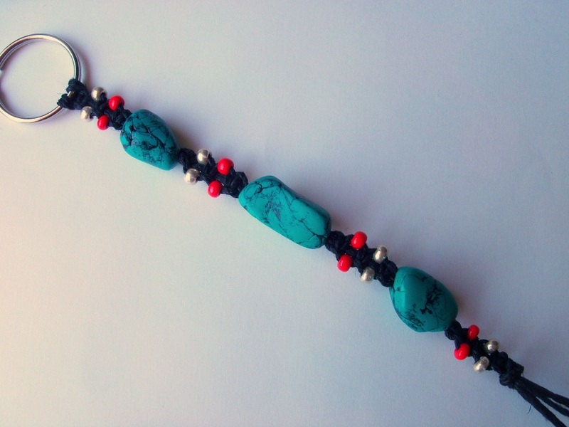Macrame Beaded Key Chain, Hemp and Blue Turquoise Polymer Clay