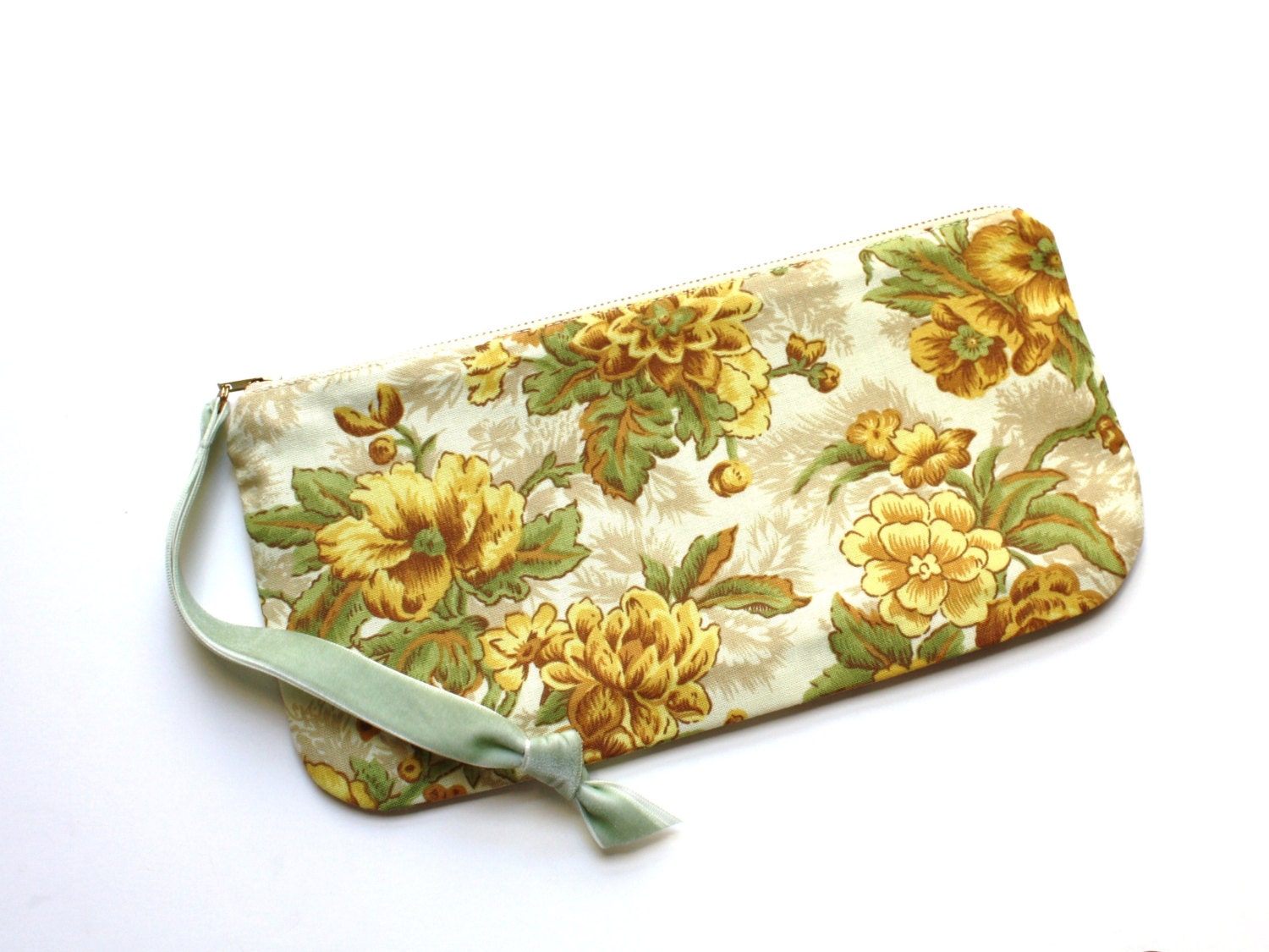 Zipper Pouch, Bags and Purses, Clutch, Wallet, Handbag, Yellow, Green, Cotton, Fabric, Floral, Wristlet