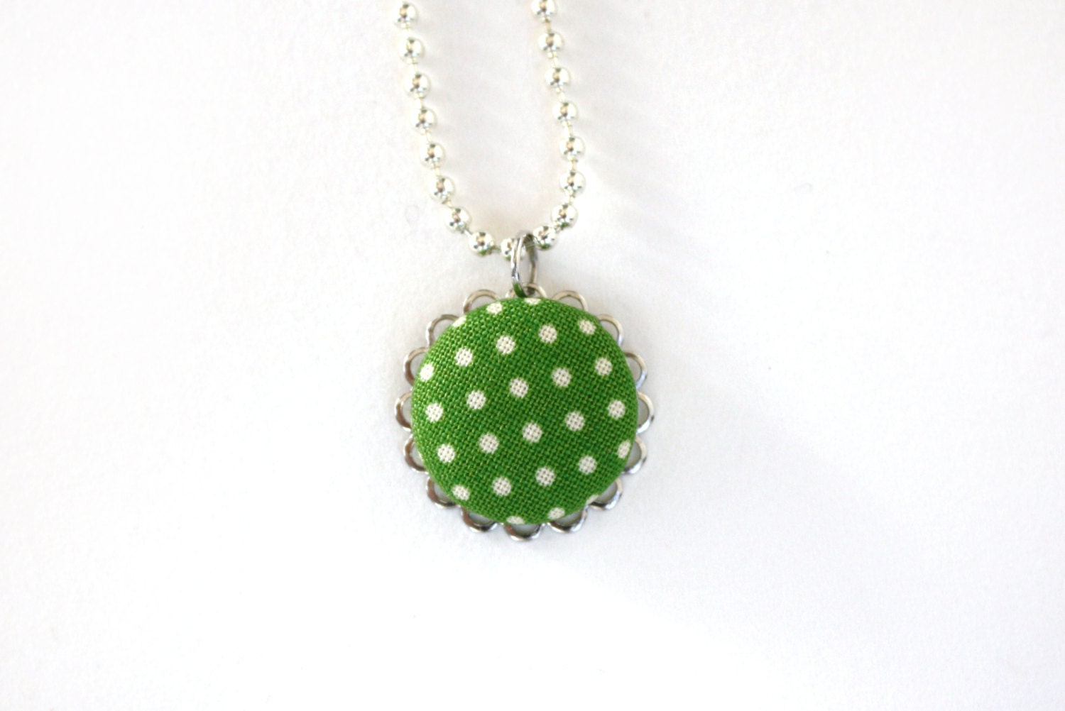 Green Polka Dot Necklace, Jewelry,  Pendant, Ball Chain, Fabric, Spring