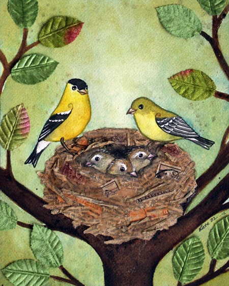 Bird Nest no. 28 American Goldfinch Watercolor and Found Object Art Print