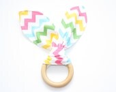 Natural Organic Treated Wooden Teething Ring - Chevron in Girl and Organic Flannel - Over 100 Fabric Choices
