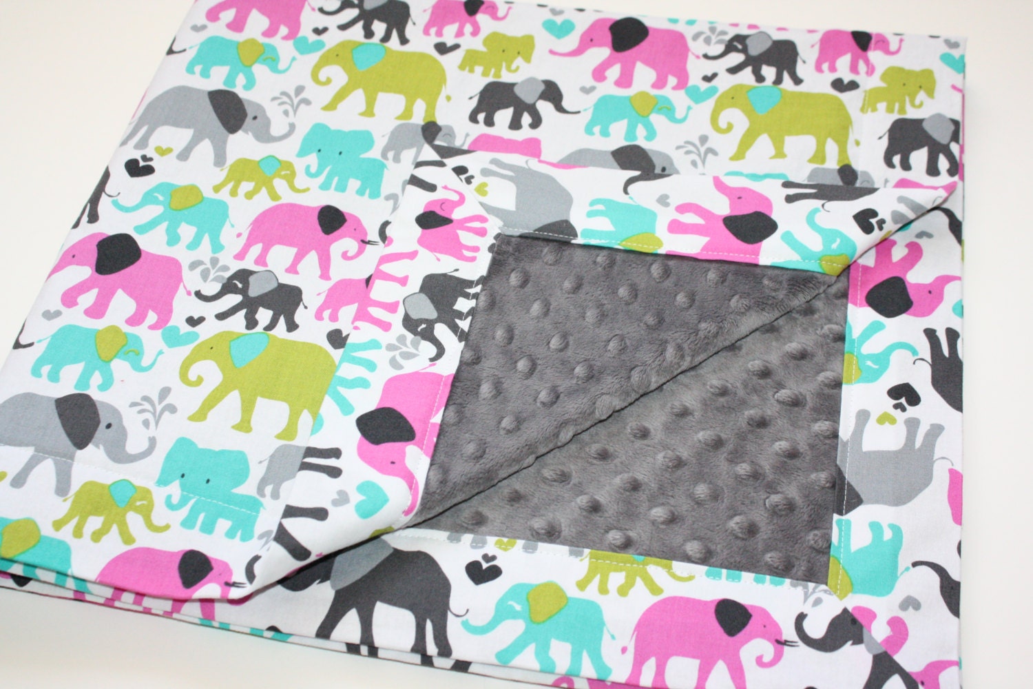 Minky Baby Blanket - Elephant Walk in Orchid with choice of Minky Dot (30 X 32)
